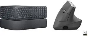 Logitech ERGO K860 Wireless Ergonomic Keyboard: Split design, wrist rest, stain-resistant, Bluetooth/USB, Windows/Mac. MX Vertical Mouse: Ergonomic, reduces strain, controls 3 devices, Bluetooth/USB, rechargeable, graphite. Logitech ERGO K860 Wireless Ergonomic Keyboard: Split design, wrist rest, stain-resistant, Bluetooth/USB, Windows/Mac. MX Vertical Mouse: Ergonomic, reduces strain, controls 3 devices, Bluetooth/USB, rechargeable, graphite.