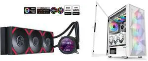 SAMA Q70 Black CPU Liquid Cooler, 360MM Liquid Water AIO CPU Cooler with 2.8" LCD Display, Magnetic Detachable, XT120 Modular Fans LCP Blade, Bonus Stands, 115X, 2011, 1200, 1700, AM4, AM5 AIO Cooler and SAMA 3509 White Mid Tower Gaming PC Case with Door Open Tempered Glass, 4 Pre-installed RGB Airflow Cooling Fans SAMA Q70 Black CPU Liquid Cooler, 360MM Liquid Water AIO CPU Cooler with 2.8" LCD Display, Magnetic Detachable, XT120 Modular Fans LCP Blade, Bonus Stands, 115X, 2011, 1200, 1700, AM4, AM5 AIO Cooler and SAMA 3509 White Mid Tower Gaming PC Case with Door Open Tempered Glass, 4 Pre-installed RGB Airflow Cooling Fans