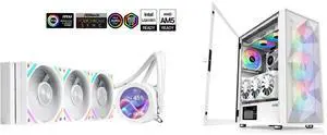 SAMA Q70 White CPU Liquid Cooler, 360MM Liquid Water AIO CPU Cooler with 2.8" LCD Display, Magnetic Detachable, XT120 Modular Fans LCP Blade, Bonus Stands, 115X, 2011, 1200, 1700, AM4, AM5 AIO Cooler and SAMA 3509 White Mid Tower Gaming PC Case with Door Open Tempered Glass, 4 Pre-installed RGB Airflow Cooling Fans SAMA Q70 White CPU Liquid Cooler, 360MM Liquid Water AIO CPU Cooler with 2.8" LCD Display, Magnetic Detachable, XT120 Modular Fans LCP Blade, Bonus Stands, 115X, 2011, 1200, 1700, AM4, AM5 AIO Cooler and SAMA 3509 White Mid Tower Gaming PC Case with Door Open Tempered Glass, 4 Pre-installed RGB Airflow Cooling Fans