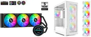 SAMA SM360 PRO AIO 360mm Liquid Cooler 2.8 inch Screen LCD Display CPU Cooler , Gaming Computer PC Cooler with 3 ARGB PWM Silent Fans and SAMA S40 White ATX Mid Tower Case - High Airflow, 4x 120mm ARGB PWM Fans, Tempered Glass, Mesh Front, Type-C, Supports ATX/M-ATX/ITX & 4090 GPUs - Computer Case SAMA SM360 PRO AIO 360mm Liquid Cooler 2.8 inch Screen LCD Display CPU Cooler , Gaming Computer PC Cooler with 3 ARGB PWM Silent Fans and SAMA S40 White ATX Mid Tower Case - High Airflow, 4x 120mm ARGB PWM Fans, Tempered Glass, Mesh Front, Type-C, Supports ATX/M-ATX/ITX & 4090 GPUs - Computer Case