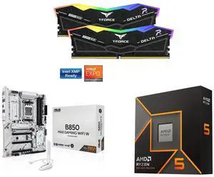 Team Group 16GB (2x8GB) DDR5 6000 RAM, ASUS B850 MAX GAMING WIFI W Motherboard, AMD AM5, DDR5, PCIe 5.0, 3x M.2, Wi-Fi 6E, 2.5Gb LAN, USB-C, DisplayPort, HDMI, BIOS FlashBack, Aura Sync, AMD Ryzen 5 9600X 6-Core 3.9GHz, Radeon Graphics Team Group 16GB (2x8GB) DDR5 6000 RAM, ASUS B850 MAX GAMING WIFI W Motherboard, AMD AM5, DDR5, PCIe 5.0, 3x M.2, Wi-Fi 6E, 2.5Gb LAN, USB-C, DisplayPort, HDMI, BIOS FlashBack, Aura Sync, AMD Ryzen 5 9600X 6-Core 3.9GHz, Radeon Graphics