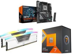 GIGABYTE X870 GAMING X WIFI7 AM5, ATX, DDR5, 4x M.2, PCIe 5.0, USB4, Wi-Fi 7, 2.5GbE LAN, EZ-Latch, 5-Year Warranty; CORSAIR Vengeance RGB 32GB (2x16GB) DDR5 6000; AMD Ryzen 7 7800X3D, 8-Core 4.2 GHz, AM5, Radeon Graphics GIGABYTE X870 GAMING X WIFI7 AM5, ATX, DDR5, 4x M.2, PCIe 5.0, USB4, Wi-Fi 7, 2.5GbE LAN, EZ-Latch, 5-Year Warranty; CORSAIR Vengeance RGB 32GB (2x16GB) DDR5 6000; AMD Ryzen 7 7800X3D, 8-Core 4.2 GHz, AM5, Radeon Graphics