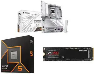 GIGABYTE B850 AORUS ELITE WIFI7 AMD AM5 Motherboard, ATX, DDR5, 3x M.2, PCIe 5.0, USB-C, WIFI7, 2.5GbE LAN, 5-Year Warranty AMD Ryzen 5 9600X 6-Core 3.9 GHz, Radeon Graphics SAMSUNG 990 PRO SSD 1TB PCIe 4.0 M.2, 7,450 MB/s GIGABYTE B850 AORUS ELITE WIFI7 AMD AM5 Motherboard, ATX, DDR5, 3x M.2, PCIe 5.0, USB-C, WIFI7, 2.5GbE LAN, 5-Year Warranty AMD Ryzen 5 9600X 6-Core 3.9 GHz, Radeon Graphics SAMSUNG 990 PRO SSD 1TB PCIe 4.0 M.2, 7,450 MB/s