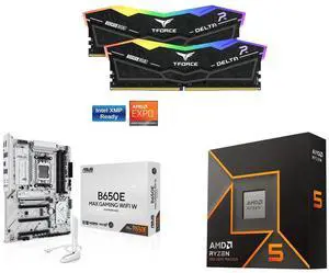 Team Group 16GB (2x8GB) DDR5 6000 RAM, ASUS B650E MAX GAMING WIFI W, AMD B650 AM5, PCIe 5.0, ATX, DDR5, 3x M.2, Wi-Fi 6E, 2.5Gb LAN, USB-C, DisplayPort, HDMI, Ryzen 5 9600X, 6-Core 3.9GHz, Radeon Graphics Team Group 16GB (2x8GB) DDR5 6000 RAM, ASUS B650E MAX GAMING WIFI W, AMD B650 AM5, PCIe 5.0, ATX, DDR5, 3x M.2, Wi-Fi 6E, 2.5Gb LAN, USB-C, DisplayPort, HDMI, Ryzen 5 9600X, 6-Core 3.9GHz, Radeon Graphics
