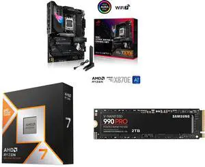 ASUS ROG STRIX X870E-E GAMING WIFI AMD AM5 X870 ATX motherboard, 18+2+2 power stages, DDR5, WiFi 7, 5x M.2, PCIe 5.0, USB4, AI OCing; AMD Ryzen 7 9800X3D 8-Core 5.2 GHz; SAMSUNG 990 PRO 2TB SSD, PCIe Gen4 M.2, 7,450MB/s ASUS ROG STRIX X870E-E GAMING WIFI AMD AM5 X870 ATX motherboard, 18+2+2 power stages, DDR5, WiFi 7, 5x M.2, PCIe 5.0, USB4, AI OCing; AMD Ryzen 7 9800X3D 8-Core 5.2 GHz; SAMSUNG 990 PRO 2TB SSD, PCIe Gen4 M.2, 7,450MB/s