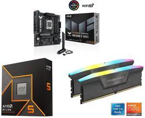 ASUS TUF GAMING B850M-E WIFI mATX motherboard: 8+2+1 80A DrMOS, DDR5, PCIe 5.0, 3 M.2, WiFi 6E, 2.5Gb Ethernet, DisplayPort, HDMI, USB-C. AMD Ryzen 5 9600X 6-Core 3.9GHz, Radeon Graphics. CORSAIR Vengeance RGB 16GB DDR5 6000 RAM. ASUS TUF GAMING B850M-E WIFI mATX motherboard: 8+2+1 80A DrMOS, DDR5, PCIe 5.0, 3 M.2, WiFi 6E, 2.5Gb Ethernet, DisplayPort, HDMI, USB-C. AMD Ryzen 5 9600X 6-Core 3.9GHz, Radeon Graphics. CORSAIR Vengeance RGB 16GB DDR5 6000 RAM.