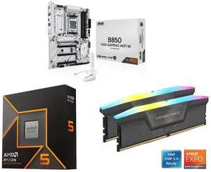 ASUS B850 MAX GAMING WIFI W - AMD AM5 ATX Motherboard, DDR5, PCIe 5.0, 3x M.2, Wi-Fi 6E, 2.5Gb LAN, USB-C, DisplayPort, HDMI, Aura Sync, Ryzen 5 9600X 6-Core 3.9GHz, Radeon Graphics, CORSAIR Vengeance RGB 16GB DDR5 6000 RAM ASUS B850 MAX GAMING WIFI W - AMD AM5 ATX Motherboard, DDR5, PCIe 5.0, 3x M.2, Wi-Fi 6E, 2.5Gb LAN, USB-C, DisplayPort, HDMI, Aura Sync, Ryzen 5 9600X 6-Core 3.9GHz, Radeon Graphics, CORSAIR Vengeance RGB 16GB DDR5 6000 RAM