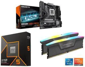 GIGABYTE B850M EAGLE WIFI6E AMD AM5 Motherboard, M-ATX, DDR5, 2x M.2, PCIe 5.0, USB-C, USB 3.2 Gen 2, 2.5GbE LAN, EZ-Latch, AMD Ryzen 5 9600X 6-Core 3.9 GHz, Radeon Graphics, CORSAIR Vengeance RGB 16GB DDR5 6000 RAM GIGABYTE B850M EAGLE WIFI6E AMD AM5 Motherboard, M-ATX, DDR5, 2x M.2, PCIe 5.0, USB-C, USB 3.2 Gen 2, 2.5GbE LAN, EZ-Latch, AMD Ryzen 5 9600X 6-Core 3.9 GHz, Radeon Graphics, CORSAIR Vengeance RGB 16GB DDR5 6000 RAM