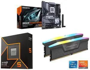 GIGABYTE B650E EAGLE WIFI6E AMD AM5 E-ATX Motherboard, Ryzen 9000/8000/7000, DDR5, 8+2+2 Power Phase, 3x M.2, PCIe 5.0, USB 3.2 Type-C, Wi-Fi 6E; AMD Ryzen 5 9600X 6-Core 3.9 GHz; CORSAIR Vengeance RGB 16GB DDR5 6000 RAM GIGABYTE B650E EAGLE WIFI6E AMD AM5 E-ATX Motherboard, Ryzen 9000/8000/7000, DDR5, 8+2+2 Power Phase, 3x M.2, PCIe 5.0, USB 3.2 Type-C, Wi-Fi 6E; AMD Ryzen 5 9600X 6-Core 3.9 GHz; CORSAIR Vengeance RGB 16GB DDR5 6000 RAM