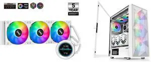 SAMA SM360 PRO AIO 360mm Liquid Cooler 2.8 inch Screen LCD Display CPU Cooler , Gaming Computer PC Cooler with 3 ARGB PWM Silent Fans and SAMA 3509 White Mid Tower Gaming PC Case with Door Open Tempered Glass, 4 Pre-installed RGB Airflow Cooling Fans SAMA SM360 PRO AIO 360mm Liquid Cooler 2.8 inch Screen LCD Display CPU Cooler , Gaming Computer PC Cooler with 3 ARGB PWM Silent Fans and SAMA 3509 White Mid Tower Gaming PC Case with Door Open Tempered Glass, 4 Pre-installed RGB Airflow Cooling Fans