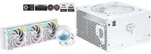 SAMA Q60 White CPU Liquid Cooler, 360MM Liquid Water Cooling with 2.8" LCD Display & XT120 Modular Fans LCP Blade for Enhanced Cooling and Noise Reduction, Compatible 115X, 2011, 1200, 1700, AM4, AM5 and SAMA GT850WH White 80 PLUS Gold Fully Modular ATX Power Supply - ATX 3.1 & PCIe 5.1 Compliant - Japanese Capacitors - FDB Fan with Auto Speed Control - 5 Year Warranty SAMA Q60 White CPU Liquid Cooler, 360MM Liquid Water Cooling with 2.8" LCD Display & XT120 Modular Fans LCP Blade for Enhanced Cooling and Noise Reduction, Compatible 115X, 2011, 1200, 1700, AM4, AM5 and SAMA GT850WH White 80 PLUS Gold Fully Modular ATX Power Supply - ATX 3.1 & PCIe 5.1 Compliant - Japanese Capacitors - FDB Fan with Auto Speed Control - 5 Year Warranty