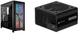 CORSAIR 4000X RS Mid-Tower PC Case, Black - Illuminated front panel RGB - 4x RS120 fans included - Supports dual 360mm radiators - ASUS BTF, MSI Project Zero - Black CORSAIR RMe Series RM1000e 1000 W Power Supply CORSAIR 4000X RS Mid-Tower PC Case, Black - Illuminated front panel RGB - 4x RS120 fans included - Supports dual 360mm radiators - ASUS BTF, MSI Project Zero - Black CORSAIR RMe Series RM1000e 1000 W Power Supply