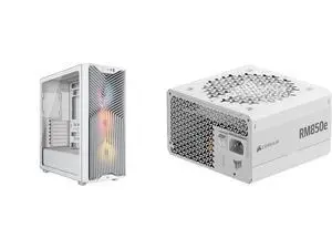 CORSAIR 3200D RS ARGB mid-tower chassis with 3x RS120 ARGB fans, DIY features, powerful cooling. White. RM850e (2025) Modular ATX Power Supply, 12V-2x6 Cable, ATX 3.1 & PCIe 5.1, Gold Efficiency, 105°C Capacitors, Standby Mode. White CORSAIR 3200D RS ARGB mid-tower chassis with 3x RS120 ARGB fans, DIY features, powerful cooling. White. RM850e (2025) Modular ATX Power Supply, 12V-2x6 Cable, ATX 3.1 & PCIe 5.1, Gold Efficiency, 105°C Capacitors, Standby Mode. White