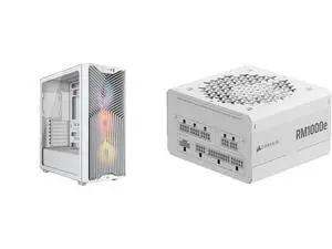 CORSAIR 3200D RS ARGB mid-tower chassis with 3x RS120 ARGB fans, DIY features, powerful cooling. White. CORSAIR RM1000e Modular Low-Noise ATX Power Supply, ATX 3.1 & PCIe 5.1, 105°C Capacitors, Cybenetics Gold Efficiency CORSAIR 3200D RS ARGB mid-tower chassis with 3x RS120 ARGB fans, DIY features, powerful cooling. White. CORSAIR RM1000e Modular Low-Noise ATX Power Supply, ATX 3.1 & PCIe 5.1, 105°C Capacitors, Cybenetics Gold Efficiency