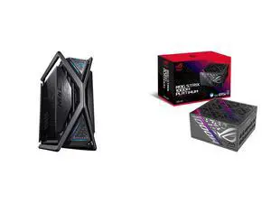 ASUS ROG Hyperion GR701 EATX full-tower case: semi-open, tool-free panels, 2x 420mm radiator support, built-in GPU holder, 2x front Type-C. ASUS ROG Strix 1000W Platinum PSU: fully modular, 80 Plus Platinum, ATX 3.1, 10-year warranty. ASUS ROG Hyperion GR701 EATX full-tower case: semi-open, tool-free panels, 2x 420mm radiator support, built-in GPU holder, 2x front Type-C. ASUS ROG Strix 1000W Platinum PSU: fully modular, 80 Plus Platinum, ATX 3.1, 10-year warranty.