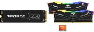 Team Group T-FORCE G50 M.2 2280 2TB PCIe 4.0 x4 with NVMe 1.4 TLC Internal Solid State Drive (SSD) TM8FFE002T0C129 Team T-Force Delta RGB 32GB (2 x 16GB) 288-Pin PC RAM DDR5 6000 (PC5 48000) Desktop Memory Model FF3D532G6000HC38ADC01 Team Group T-FORCE G50 M.2 2280 2TB PCIe 4.0 x4 with NVMe 1.4 TLC Internal Solid State Drive (SSD) TM8FFE002T0C129 Team T-Force Delta RGB 32GB (2 x 16GB) 288-Pin PC RAM DDR5 6000 (PC5 48000) Desktop Memory Model FF3D532G6000HC38ADC01