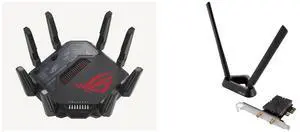 ASUS ROG Rapture GT-BE98 PRO Quad-Band WiFi 7 Gaming Router: 320MHz, Dual 10G Port, Game Acceleration, Mobile Game Mode, Security, AiMesh, VPN. Includes ASUS PCE-BE92BT WiFi 7 PCI-E Adapter, TAA Compliant ASUS ROG Rapture GT-BE98 PRO Quad-Band WiFi 7 Gaming Router: 320MHz, Dual 10G Port, Game Acceleration, Mobile Game Mode, Security, AiMesh, VPN. Includes ASUS PCE-BE92BT WiFi 7 PCI-E Adapter, TAA Compliant