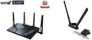 ASUS RT-BE88U Dual-band WiFi 7 Router, 4K-QAM, MLO, Dual 10G, SFP+, Four 2.5G, Four 1G ports, 34G WAN/LAN, No-subscription security ASUS PCE-BE92BT WiFi 7 PCI-E Adapter, TAA Compliant ASUS RT-BE88U Dual-band WiFi 7 Router, 4K-QAM, MLO, Dual 10G, SFP+, Four 2.5G, Four 1G ports, 34G WAN/LAN, No-subscription security ASUS PCE-BE92BT WiFi 7 PCI-E Adapter, TAA Compliant