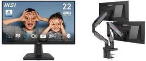 MSI 22" Full HD 100Hz IPS Monitor, 1ms, Low Blue Light, Flicker-Free, Phone Slot Stand, Pro MP225. MSI MPG MT201DR V2 RGB Dual Monitor Stand, 17-35" Support, VESA, Adjustable Gas Spring, 44 lbs Capacity, Clamp & Grommet, Quick Release Plate MSI 22" Full HD 100Hz IPS Monitor, 1ms, Low Blue Light, Flicker-Free, Phone Slot Stand, Pro MP225. MSI MPG MT201DR V2 RGB Dual Monitor Stand, 17-35" Support, VESA, Adjustable Gas Spring, 44 lbs Capacity, Clamp & Grommet, Quick Release Plate