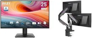 MSI 25" Full HD 120Hz IPS Monitor, 1ms, Less Blue Light, Anti-Flicker, Anti-Glare, Built-In Speakers, Phone Stand PRO MP251 E2. MSI MPG MT201DR V2 RGB Dual Monitor Stand, 17-35" Support, VESA, Adjustable, 44 lbs Capacity, Clamp & Grommet, G MSI 25" Full HD 120Hz IPS Monitor, 1ms, Less Blue Light, Anti-Flicker, Anti-Glare, Built-In Speakers, Phone Stand PRO MP251 E2. MSI MPG MT201DR V2 RGB Dual Monitor Stand, 17-35" Support, VESA, Adjustable, 44 lbs Capacity, Clamp & Grommet, G