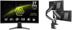MSI 27" QHD 1440P 180Hz Gaming Monitor with AMD FreeSync, 0.5ms, HDR, VRR, Ai Vision, Less Blue Light, Anti-Flicker, Curved. Includes MSI MPG MT201DR V2 RGB Dual Monitor Stand, 17-35" Support, VESA, Adjustable, 44 lbs Capacity, Clamp & Grom MSI 27" QHD 1440P 180Hz Gaming Monitor with AMD FreeSync, 0.5ms, HDR, VRR, Ai Vision, Less Blue Light, Anti-Flicker, Curved. Includes MSI MPG MT201DR V2 RGB Dual Monitor Stand, 17-35" Support, VESA, Adjustable, 44 lbs Capacity, Clamp & Grom