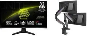MSI 32" Full HD 250Hz Curved Gaming Monitor MAG32C6X, 1ms, HDR, Adaptive Sync, Ai Vision, Anti-Flicker. Includes MSI MPG MT201DR V2 RGB Dual Monitor Stand, 17-35" support, VESA, adjustable gas spring, 44 lbs capacity, clamp & grommet. MSI 32" Full HD 250Hz Curved Gaming Monitor MAG32C6X, 1ms, HDR, Adaptive Sync, Ai Vision, Anti-Flicker. Includes MSI MPG MT201DR V2 RGB Dual Monitor Stand, 17-35" support, VESA, adjustable gas spring, 44 lbs capacity, clamp & grommet.