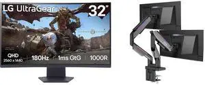 LG UltraGear 32" QHD 1440P 180Hz 1ms HDR10 1000R Curved Gaming Monitor 32GS60QC-B with AMD FreeSync. MSI MPG MT201DR V2 RGB Dual Monitor Stand, 17-35" VESA Compatible, Adjustable Gas Spring, 44 lbs Capacity, Clamp & Grommet, Quick Release P LG UltraGear 32" QHD 1440P 180Hz 1ms HDR10 1000R Curved Gaming Monitor 32GS60QC-B with AMD FreeSync. MSI MPG MT201DR V2 RGB Dual Monitor Stand, 17-35" VESA Compatible, Adjustable Gas Spring, 44 lbs Capacity, Clamp & Grommet, Quick Release P