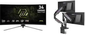 MSI 34" Ultrawide QHD 2K 1440P 200Hz Adaptive Sync 0.5ms HDR Curved Gaming Monitor, Adjustable Stand MAG 345CQRF E20 + MSI MPG MT201DR V2 RGB Dual Monitor Stand, 17-35" Support, VESA, Gas Spring, 44 lbs Capacity, Clamp & Grommet, Quick Rele MSI 34" Ultrawide QHD 2K 1440P 200Hz Adaptive Sync 0.5ms HDR Curved Gaming Monitor, Adjustable Stand MAG 345CQRF E20 + MSI MPG MT201DR V2 RGB Dual Monitor Stand, 17-35" Support, VESA, Gas Spring, 44 lbs Capacity, Clamp & Grommet, Quick Rele