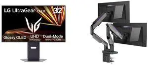 LG UltraGear 32" UHD 4K 165Hz 330Hz AMD FreeSync & G-Sync HDR400 OLED Gaming Monitor, Adjustable Stand 32GX850A-B MSI MPG MT201DR V2 - RGB Dual Monitor Stand, 17-35" Support, VESA Compatible, Heavy Duty, 44 lbs Capacity, Clamp & Grommet, Gr LG UltraGear 32" UHD 4K 165Hz 330Hz AMD FreeSync & G-Sync HDR400 OLED Gaming Monitor, Adjustable Stand 32GX850A-B MSI MPG MT201DR V2 - RGB Dual Monitor Stand, 17-35" Support, VESA Compatible, Heavy Duty, 44 lbs Capacity, Clamp & Grommet, Gr