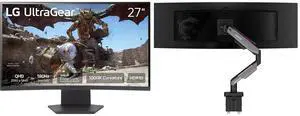 LG UltraGear 27" QHD 1440P 180Hz 1ms HDR10 1000R Curved Gaming Monitor 27GS60QC-B with AMD FreeSync. MSI MPG MT201R V2 RGB Monitor Stand, supports 17-49" screens, 44 lbs, VESA compatible, adjustable gas spring, clamp & grommet, quick releas LG UltraGear 27" QHD 1440P 180Hz 1ms HDR10 1000R Curved Gaming Monitor 27GS60QC-B with AMD FreeSync. MSI MPG MT201R V2 RGB Monitor Stand, supports 17-49" screens, 44 lbs, VESA compatible, adjustable gas spring, clamp & grommet, quick releas