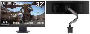 LG UltraGear 32" QHD 1440P 180Hz 1ms HDR10 1000R Curved Gaming Monitor 32GS60QC-B with AMD FreeSync, MSI MPG MT201R V2 RGB Monitor Stand Arm, supports 17-49" screens, 44 lbs, VESA compatible, adjustable gas spring, clamp & grommet, gray LG UltraGear 32" QHD 1440P 180Hz 1ms HDR10 1000R Curved Gaming Monitor 32GS60QC-B with AMD FreeSync, MSI MPG MT201R V2 RGB Monitor Stand Arm, supports 17-49" screens, 44 lbs, VESA compatible, adjustable gas spring, clamp & grommet, gray