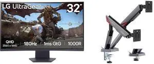 LG UltraGear 32" QHD 1440P 180Hz 1ms HDR10 1000R Curved Gaming Monitor 32GS60QC-B with AMD FreeSync. MSI MPG MT161DR RGB Dual Monitor Stand, 17-38" VESA, Adjustable, 35.2 lbs/screen, Clamp & Grommet, Quick Release - Black LG UltraGear 32" QHD 1440P 180Hz 1ms HDR10 1000R Curved Gaming Monitor 32GS60QC-B with AMD FreeSync. MSI MPG MT161DR RGB Dual Monitor Stand, 17-38" VESA, Adjustable, 35.2 lbs/screen, Clamp & Grommet, Quick Release - Black