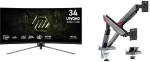 MSI 34" Ultrawide QHD 2K 1440P 200Hz Adaptive Sync 0.5ms HDR Curved Gaming Monitor, Adjustable Stand MAG 345CQRF E20 + MSI MPG MT161DR RGB Dual Monitor Stand, 17-38" Support, VESA, 35.2 lbs Capacity, Clamp & Grommet, Quick Release - Black MSI 34" Ultrawide QHD 2K 1440P 200Hz Adaptive Sync 0.5ms HDR Curved Gaming Monitor, Adjustable Stand MAG 345CQRF E20 + MSI MPG MT161DR RGB Dual Monitor Stand, 17-38" Support, VESA, 35.2 lbs Capacity, Clamp & Grommet, Quick Release - Black