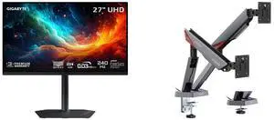 GIGABYTE 27" UHD 4K 240Hz Gaming Monitor, AMD FreeSync Pro, G-SYNC, HDR400, USB-C, KVM, OLED, Adjustable Stand. MSI MPG MT161DR Dual Monitor Stand, 17-38", VESA, Spring Mount, 35.2 lbs Capacity, Clamp & Grommet, Quick Release - Black GIGABYTE 27" UHD 4K 240Hz Gaming Monitor, AMD FreeSync Pro, G-SYNC, HDR400, USB-C, KVM, OLED, Adjustable Stand. MSI MPG MT161DR Dual Monitor Stand, 17-38", VESA, Spring Mount, 35.2 lbs Capacity, Clamp & Grommet, Quick Release - Black