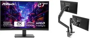 ASRock Phantom Gaming 27" QHD 1440P 180Hz AMD FreeSync Premium 95% DCI-P3 Curved Monitor PG27QRT1B MSI MAG MT201D Dual Monitor Stand, 17-45" Support, VESA Compatible, Adjustable, 44 lbs Capacity, Clamp & Grommet, Quick Release - Black ASRock Phantom Gaming 27" QHD 1440P 180Hz AMD FreeSync Premium 95% DCI-P3 Curved Monitor PG27QRT1B MSI MAG MT201D Dual Monitor Stand, 17-45" Support, VESA Compatible, Adjustable, 44 lbs Capacity, Clamp & Grommet, Quick Release - Black