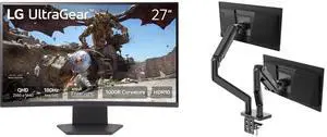LG UltraGear 27" QHD 2K 1440P 180Hz, AMD FreeSync, 1ms, HDR10, 1000R Curved Gaming Monitor 27GS60QC-B. MSI MAG MT201D Dual Monitor Stand, 17-45", VESA, Adjustable, 44 lbs/screen, Clamp & Grommet, Quick Release - Black LG UltraGear 27" QHD 2K 1440P 180Hz, AMD FreeSync, 1ms, HDR10, 1000R Curved Gaming Monitor 27GS60QC-B. MSI MAG MT201D Dual Monitor Stand, 17-45", VESA, Adjustable, 44 lbs/screen, Clamp & Grommet, Quick Release - Black