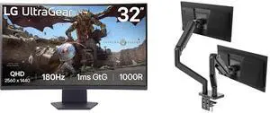 LG UltraGear 32" QHD 1440P 180Hz 1ms HDR10 1000R Curved Gaming Monitor 32GS60QC-B with AMD FreeSync. MSI MAG MT201D Dual Monitor Stand, 17-45" VESA Compatible, 44 lbs Capacity, Adjustable, Clamp & Grommet, Quick Release - Black LG UltraGear 32" QHD 1440P 180Hz 1ms HDR10 1000R Curved Gaming Monitor 32GS60QC-B with AMD FreeSync. MSI MAG MT201D Dual Monitor Stand, 17-45" VESA Compatible, 44 lbs Capacity, Adjustable, Clamp & Grommet, Quick Release - Black
