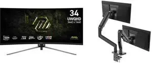 MSI 34" Ultrawide QHD 2K 1440P 200Hz Adaptive Sync 0.5ms HDR Curved Gaming Monitor, Height Adjustable, Swivel, Pivot & Tilt Stand MAG 345CQRF E20 + MSI MAG MT201D Dual Monitor Stand, 17-45" Support, VESA Compatible, 44 lbs Capacity, Black MSI 34" Ultrawide QHD 2K 1440P 200Hz Adaptive Sync 0.5ms HDR Curved Gaming Monitor, Height Adjustable, Swivel, Pivot & Tilt Stand MAG 345CQRF E20 + MSI MAG MT201D Dual Monitor Stand, 17-45" Support, VESA Compatible, 44 lbs Capacity, Black