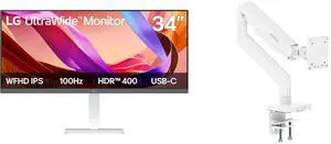 LG UltraWide 34" FHD 100Hz IPS HDR400 USB-C Monitor, Built-in Speakers, Adjustable Stand 34U530A-W. MSI MAG MT201W Monitor Stand, Supports 17-49" Screens, 44 lbs, VESA, Spring Mount, Clamp & Grommet, Quick Release - White LG UltraWide 34" FHD 100Hz IPS HDR400 USB-C Monitor, Built-in Speakers, Adjustable Stand 34U530A-W. MSI MAG MT201W Monitor Stand, Supports 17-49" Screens, 44 lbs, VESA, Spring Mount, Clamp & Grommet, Quick Release - White