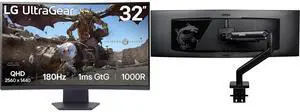LG UltraGear 32" QHD 2K 1440P 180Hz 1ms HDR10 1000R Curved Gaming Monitor 32GS60QC-B with AMD FreeSync. MSI MAG MT201 Stand Arm supports 17-49" screens, 44 lbs, VESA, adjustable, clamp & grommet, quick release - Black LG UltraGear 32" QHD 2K 1440P 180Hz 1ms HDR10 1000R Curved Gaming Monitor 32GS60QC-B with AMD FreeSync. MSI MAG MT201 Stand Arm supports 17-49" screens, 44 lbs, VESA, adjustable, clamp & grommet, quick release - Black