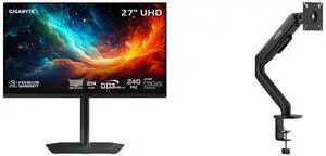 GIGABYTE 27" UHD 4K 240Hz Gaming Monitor with AMD FreeSync, G-SYNC, HDR400, USB-C KVM, adjustable stand. Includes MSI MAG MT101G Gas Spring Monitor Stand for 17-32" screens, 22 lbs support, VESA compatible, clamp & grommet, quick release. GIGABYTE 27" UHD 4K 240Hz Gaming Monitor with AMD FreeSync, G-SYNC, HDR400, USB-C KVM, adjustable stand. Includes MSI MAG MT101G Gas Spring Monitor Stand for 17-32" screens, 22 lbs support, VESA compatible, clamp & grommet, quick release.