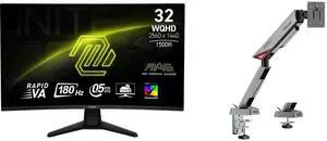 MSI 32" WQHD 2K 1440P 180Hz AMD FreeSync 0.5ms HDR400 101% sRGB Curved Gaming Monitor MAG 32CQ6F + MSI MPG MT161R RGB Monitor Stand Arm, Supports 17-45" Screens, 35.2 lbs, VESA Compatible, Adjustable Mount, Clamp & Grommet, Quick Release - MSI 32" WQHD 2K 1440P 180Hz AMD FreeSync 0.5ms HDR400 101% sRGB Curved Gaming Monitor MAG 32CQ6F + MSI MPG MT161R RGB Monitor Stand Arm, Supports 17-45" Screens, 35.2 lbs, VESA Compatible, Adjustable Mount, Clamp & Grommet, Quick Release -