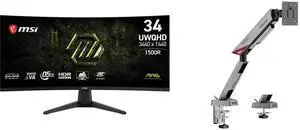 MSI 34" 200Hz VA UWQHD Gaming Monitor Adaptive Sync MAG 346CQDF E20 with MSI MPG MT161R RGB Monitor Stand Arm, supports 17-45" screens, 35.2 lbs, VESA compatible, adjustable mount, clamp & grommet, quick release - Black MSI 34" 200Hz VA UWQHD Gaming Monitor Adaptive Sync MAG 346CQDF E20 with MSI MPG MT161R RGB Monitor Stand Arm, supports 17-45" screens, 35.2 lbs, VESA compatible, adjustable mount, clamp & grommet, quick release - Black