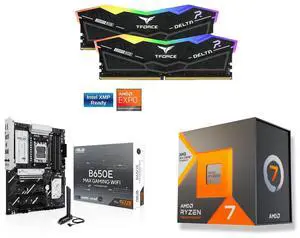 Team Group 16GB (2x8GB) DDR5 6000 RAM, ASUS B650E MAX GAMING WIFI ATX motherboard, DDR5, PCIe 5.0, 3x M.2, Wi-Fi 6E, 2.5Gb Ethernet, DisplayPort, HDMI, USB 10Gbps, BIOS FlashBack, Aura Sync, AMD Ryzen 7 7700X3D 8-Core 4.0 GHz CPU Team Group 16GB (2x8GB) DDR5 6000 RAM, ASUS B650E MAX GAMING WIFI ATX motherboard, DDR5, PCIe 5.0, 3x M.2, Wi-Fi 6E, 2.5Gb Ethernet, DisplayPort, HDMI, USB 10Gbps, BIOS FlashBack, Aura Sync, AMD Ryzen 7 7700X3D 8-Core 4.0 GHz CPU