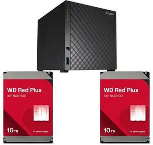 Asustor AS1204T Drivestor 4 Gen 2 NAS: Quad-Core 1.7GHz CPU, 2.5GbE Port, 1GB DDR4, 3x USB 3.2 Gen 1, 90W Power Supply (Diskless). Includes 2x WD Red Plus 10TB HDD, 7200 RPM, SATA 6Gb/s, 512MB Cache, 3.5 Inch - WD100EFGX Asustor AS1204T Drivestor 4 Gen 2 NAS: Quad-Core 1.7GHz CPU, 2.5GbE Port, 1GB DDR4, 3x USB 3.2 Gen 1, 90W Power Supply (Diskless). Includes 2x WD Red Plus 10TB HDD, 7200 RPM, SATA 6Gb/s, 512MB Cache, 3.5 Inch - WD100EFGX