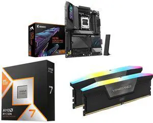 GIGABYTE X870E AORUS PRO AM5, ATX, DDR5, 4x M.2, PCIe 5.0, USB4, Wi-Fi 7, 2.5GbE LAN, EZ-Latch, 5-Year Warranty AMD Ryzen 7 9800X3D 8-Core 5.2 GHz, AM5 120W, Radeon Graphics CORSAIR Vengeance RGB 32GB DDR5 6000 GIGABYTE X870E AORUS PRO AM5, ATX, DDR5, 4x M.2, PCIe 5.0, USB4, Wi-Fi 7, 2.5GbE LAN, EZ-Latch, 5-Year Warranty AMD Ryzen 7 9800X3D 8-Core 5.2 GHz, AM5 120W, Radeon Graphics CORSAIR Vengeance RGB 32GB DDR5 6000