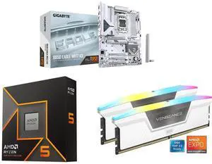 GIGABYTE B850 EAGLE WIFI7 ICE AMD AM5 LGA 1718 Motherboard, ATX, DDR5, 3x M.2, PCIe 5.0, USB-C, WIFI7, 2.5GbE LAN, EZ-Latch AMD Ryzen 5 9600X 6-Core 3.9 GHz, Radeon Graphics, CORSAIR Vengeance RGB 16GB DDR5 6000 RAM GIGABYTE B850 EAGLE WIFI7 ICE AMD AM5 LGA 1718 Motherboard, ATX, DDR5, 3x M.2, PCIe 5.0, USB-C, WIFI7, 2.5GbE LAN, EZ-Latch AMD Ryzen 5 9600X 6-Core 3.9 GHz, Radeon Graphics, CORSAIR Vengeance RGB 16GB DDR5 6000 RAM