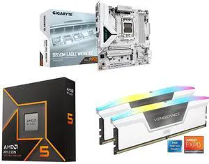 GIGABYTE B850M EAGLE WIFI6E ICE AMD AM5 Motherboard, M-ATX, DDR5, 2x M.2, PCIe 5.0, USB-C, USB 3.2 Gen 2, 2.5GbE LAN, AMD Ryzen 5 9600X 6-Core 3.9 GHz, CORSAIR Vengeance RGB 16GB (2x8GB) DDR5 6000 RAM GIGABYTE B850M EAGLE WIFI6E ICE AMD AM5 Motherboard, M-ATX, DDR5, 2x M.2, PCIe 5.0, USB-C, USB 3.2 Gen 2, 2.5GbE LAN, AMD Ryzen 5 9600X 6-Core 3.9 GHz, CORSAIR Vengeance RGB 16GB (2x8GB) DDR5 6000 RAM