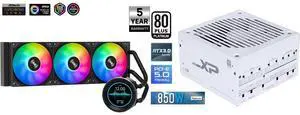 SAMA SM360 PRO AIO 360mm Liquid Cooler 2.8 inch Screen LCD Display CPU Cooler , Gaming Computer PC Cooler with 3 ARGB PWM Silent Fans and SAMA XP 850w ATX Power Supply PSU For Gaming Computer PC Power Supply Unit White - 80 Plus Platinum Gold - ATX 3.0 & PCIe 5.0 Compliant - Fully Modular - Low Noise Intelligent ECO Silent Fan SAMA SM360 PRO AIO 360mm Liquid Cooler 2.8 inch Screen LCD Display CPU Cooler , Gaming Computer PC Cooler with 3 ARGB PWM Silent Fans and SAMA XP 850w ATX Power Supply PSU For Gaming Computer PC Power Supply Unit White - 80 Plus Platinum Gold - ATX 3.0 & PCIe 5.0 Compliant - Fully Modular - Low Noise Intelligent ECO Silent Fan