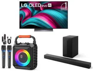 LG 55" OLED evo AI 4K C5 Smart TV w/Dolby Atmos, Vision, HDR10, AI Upscaling, Filmmaker Mode, Alexa (OLED55C5PUA, 2025) JYX Karaoke Machine w/2 Mics, Bluetooth Speaker, RGB Lights, BT/TF/USB/AUX/FM/REC/TWS LG S60T Soundbar w/Dolby Audio 3.1 LG 55" OLED evo AI 4K C5 Smart TV w/Dolby Atmos, Vision, HDR10, AI Upscaling, Filmmaker Mode, Alexa (OLED55C5PUA, 2025) JYX Karaoke Machine w/2 Mics, Bluetooth Speaker, RGB Lights, BT/TF/USB/AUX/FM/REC/TWS LG S60T Soundbar w/Dolby Audio 3.1